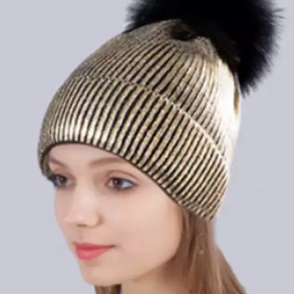 SALE! Gold Metallic Stripe Pom Pom Beanies - Picture 3 of 7